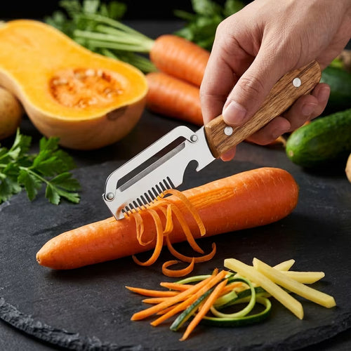 RocLame, éplucheur 3 en 1, épluchant une carotte en julienne